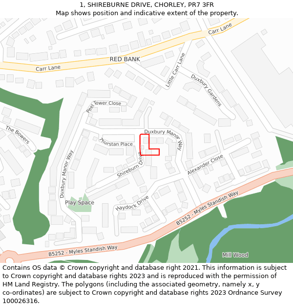 1, SHIREBURNE DRIVE, CHORLEY, PR7 3FR: Location map and indicative extent of plot