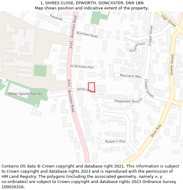 1, SHIRES CLOSE, EPWORTH, DONCASTER, DN9 1BN: Location map and indicative extent of plot