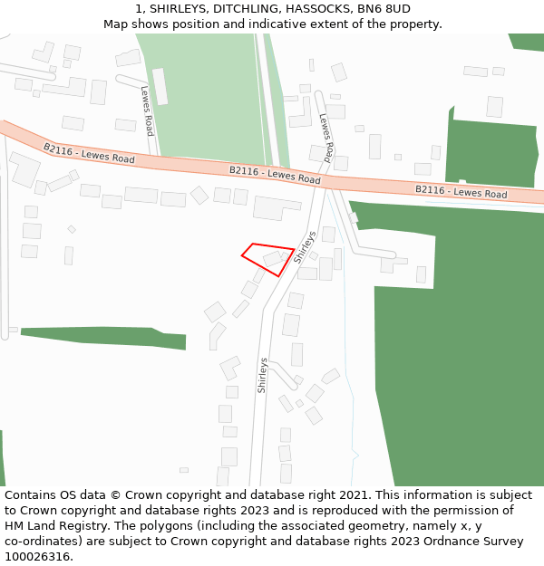 1, SHIRLEYS, DITCHLING, HASSOCKS, BN6 8UD: Location map and indicative extent of plot