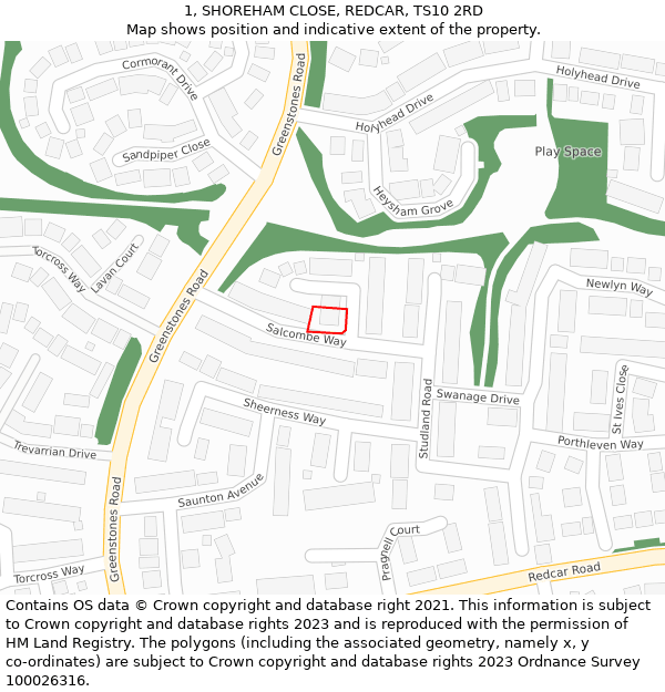 1, SHOREHAM CLOSE, REDCAR, TS10 2RD: Location map and indicative extent of plot