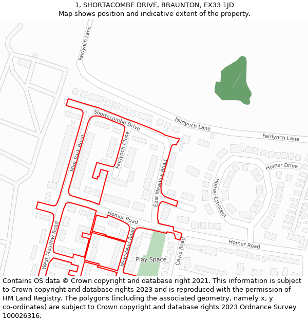 1, SHORTACOMBE DRIVE, BRAUNTON, EX33 1JD: Location map and indicative extent of plot