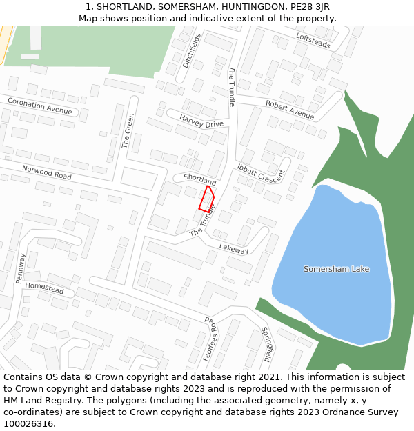 1, SHORTLAND, SOMERSHAM, HUNTINGDON, PE28 3JR: Location map and indicative extent of plot