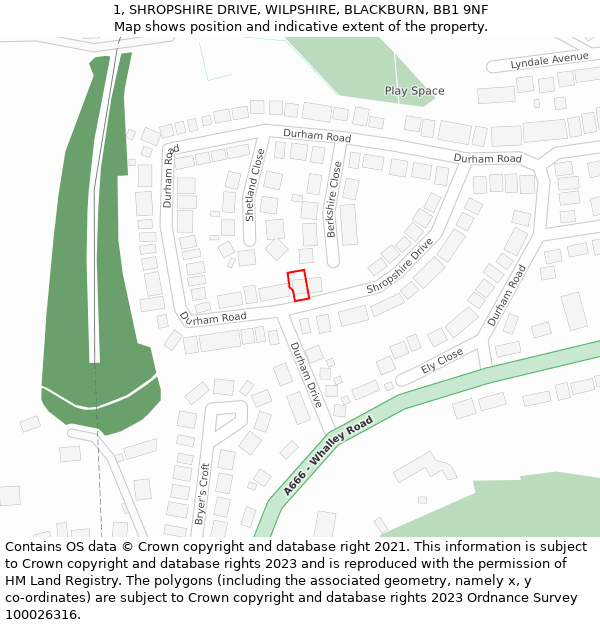 1, SHROPSHIRE DRIVE, WILPSHIRE, BLACKBURN, BB1 9NF: Location map and indicative extent of plot