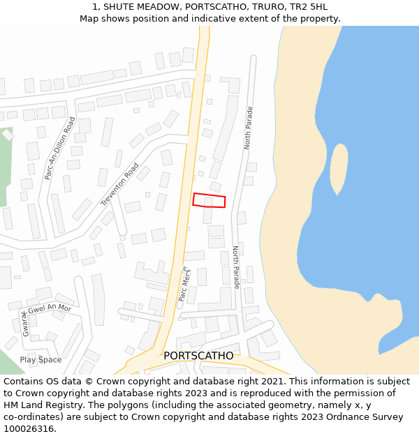 1, SHUTE MEADOW, PORTSCATHO, TRURO, TR2 5HL: Location map and indicative extent of plot