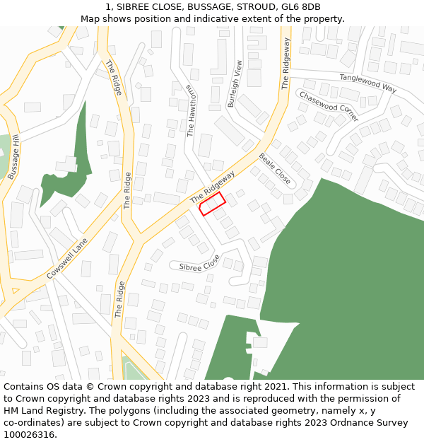 1, SIBREE CLOSE, BUSSAGE, STROUD, GL6 8DB: Location map and indicative extent of plot