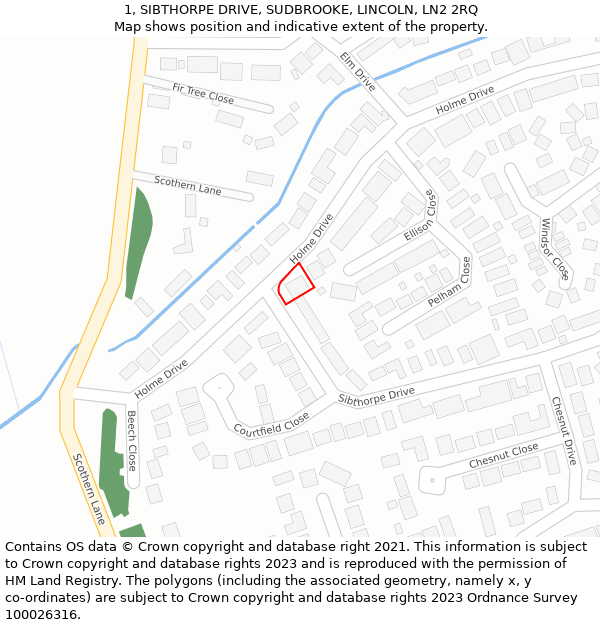 1, SIBTHORPE DRIVE, SUDBROOKE, LINCOLN, LN2 2RQ: Location map and indicative extent of plot