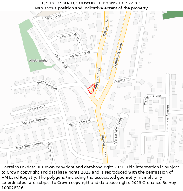 1, SIDCOP ROAD, CUDWORTH, BARNSLEY, S72 8TG: Location map and indicative extent of plot