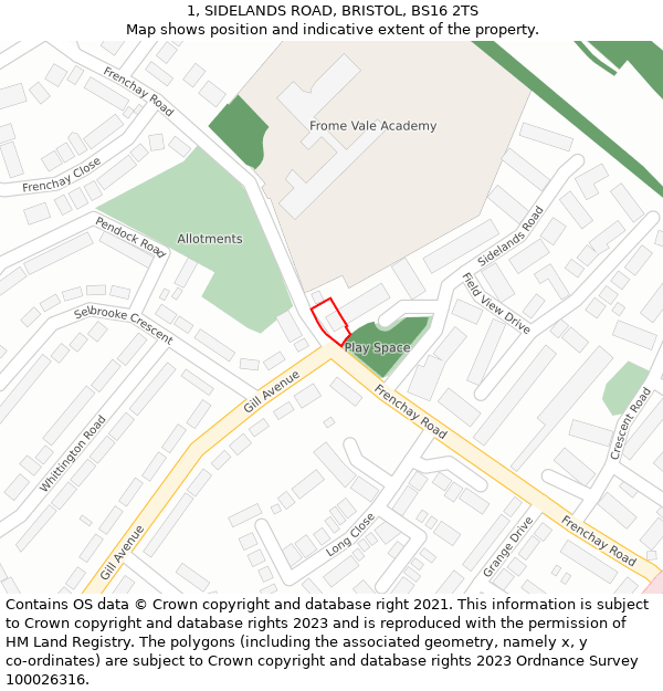 1, SIDELANDS ROAD, BRISTOL, BS16 2TS: Location map and indicative extent of plot