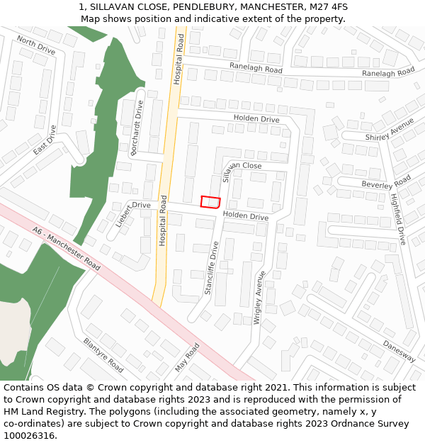 1, SILLAVAN CLOSE, PENDLEBURY, MANCHESTER, M27 4FS: Location map and indicative extent of plot