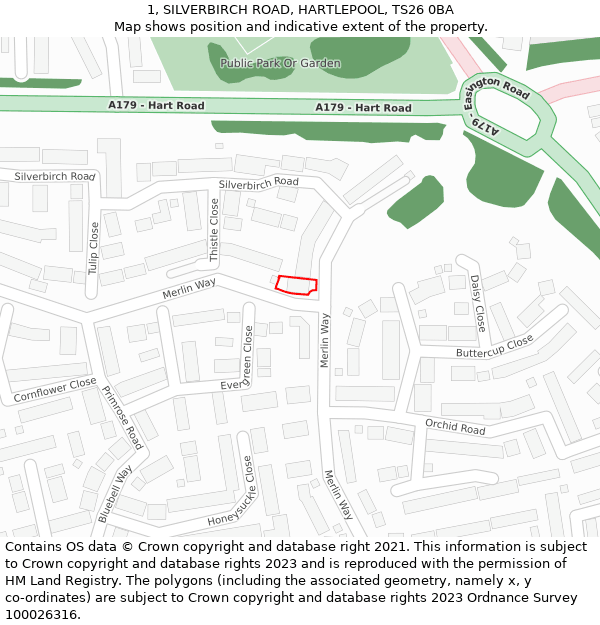 1, SILVERBIRCH ROAD, HARTLEPOOL, TS26 0BA: Location map and indicative extent of plot