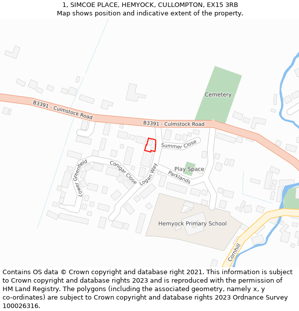 1, SIMCOE PLACE, HEMYOCK, CULLOMPTON, EX15 3RB: Location map and indicative extent of plot