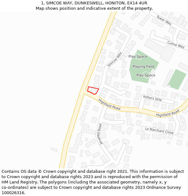 1, SIMCOE WAY, DUNKESWELL, HONITON, EX14 4UR: Location map and indicative extent of plot