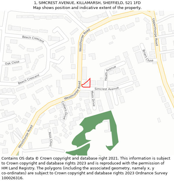 1, SIMCREST AVENUE, KILLAMARSH, SHEFFIELD, S21 1FD: Location map and indicative extent of plot