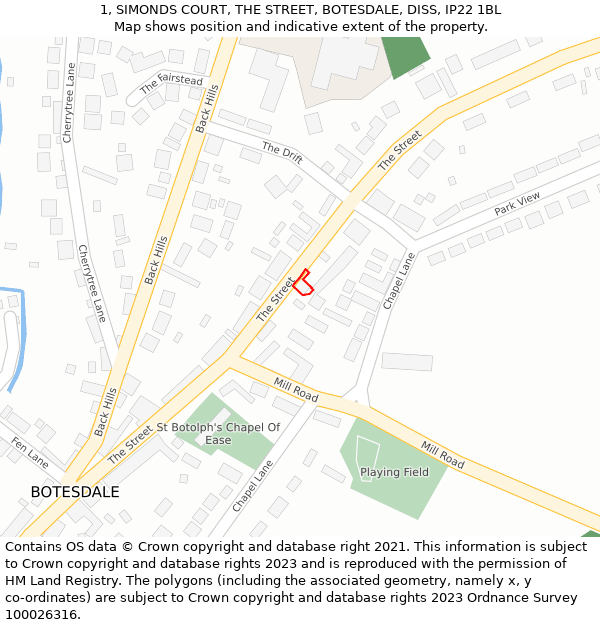 1, SIMONDS COURT, THE STREET, BOTESDALE, DISS, IP22 1BL: Location map and indicative extent of plot