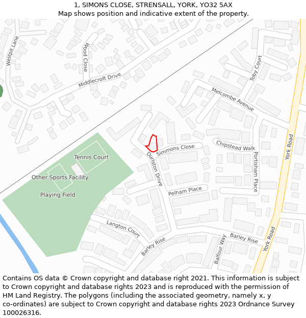 1, SIMONS CLOSE, STRENSALL, YORK, YO32 5AX: Location map and indicative extent of plot