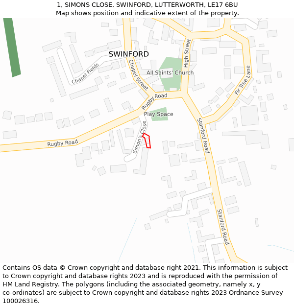 1, SIMONS CLOSE, SWINFORD, LUTTERWORTH, LE17 6BU: Location map and indicative extent of plot