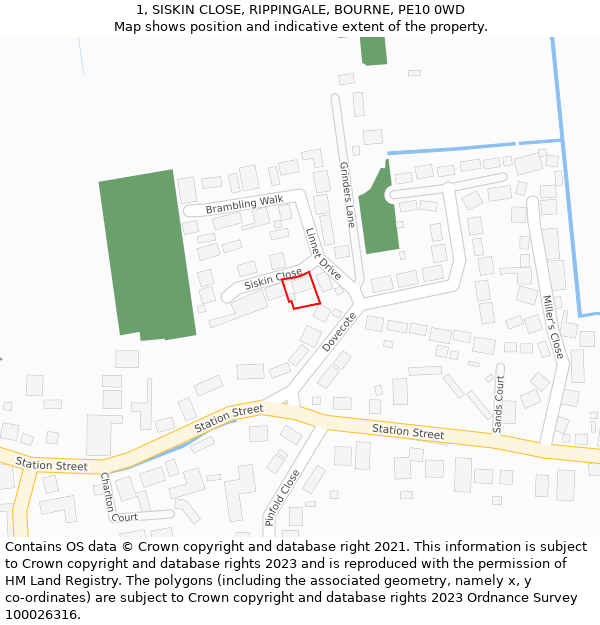 1, SISKIN CLOSE, RIPPINGALE, BOURNE, PE10 0WD: Location map and indicative extent of plot