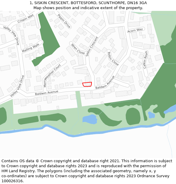 1, SISKIN CRESCENT, BOTTESFORD, SCUNTHORPE, DN16 3GA: Location map and indicative extent of plot