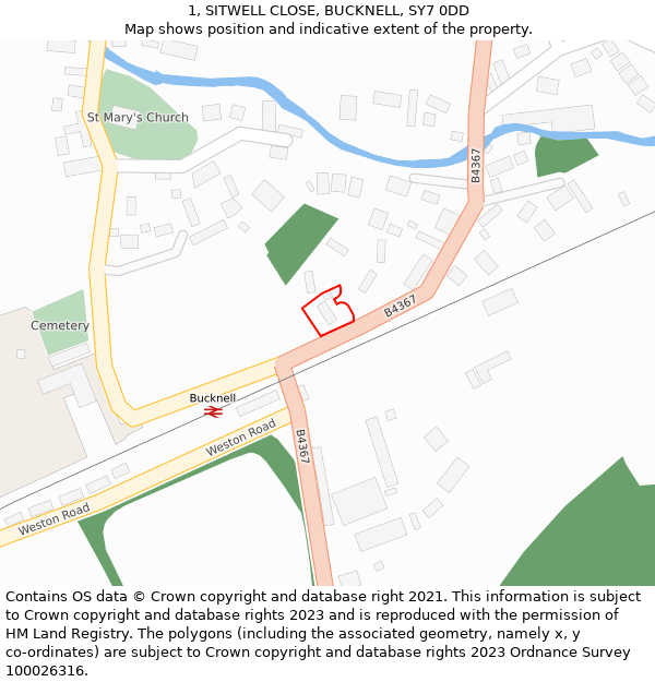 1, SITWELL CLOSE, BUCKNELL, SY7 0DD: Location map and indicative extent of plot