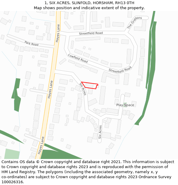 1, SIX ACRES, SLINFOLD, HORSHAM, RH13 0TH: Location map and indicative extent of plot