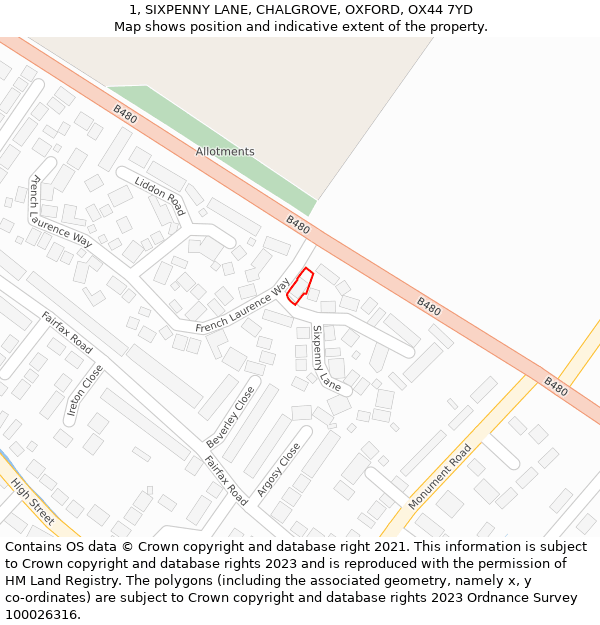 1, SIXPENNY LANE, CHALGROVE, OXFORD, OX44 7YD: Location map and indicative extent of plot