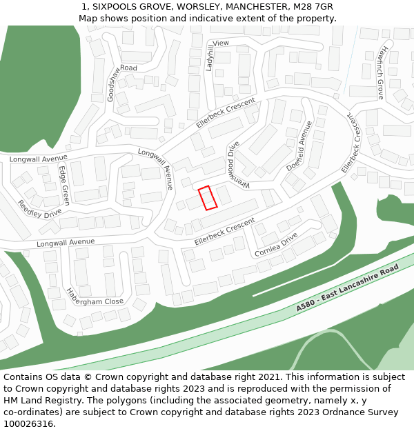 1, SIXPOOLS GROVE, WORSLEY, MANCHESTER, M28 7GR: Location map and indicative extent of plot