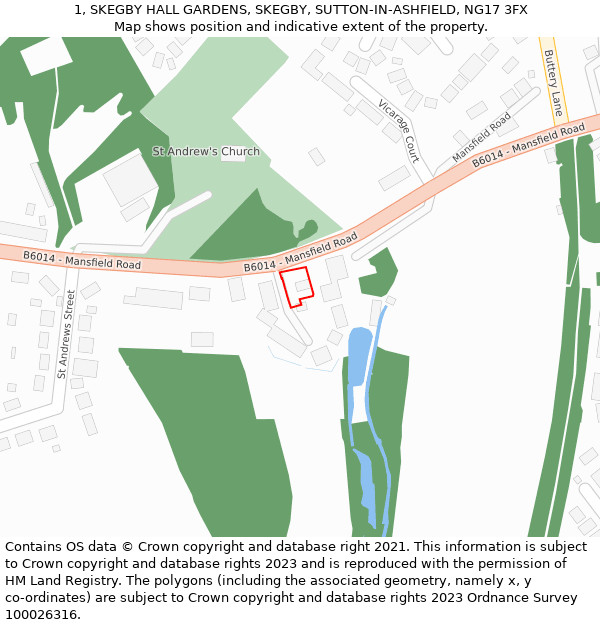 1, SKEGBY HALL GARDENS, SKEGBY, SUTTON-IN-ASHFIELD, NG17 3FX: Location map and indicative extent of plot