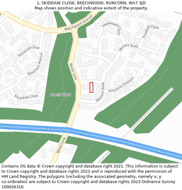 1, SKIDDAW CLOSE, BEECHWOOD, RUNCORN, WA7 3JD: Location map and indicative extent of plot