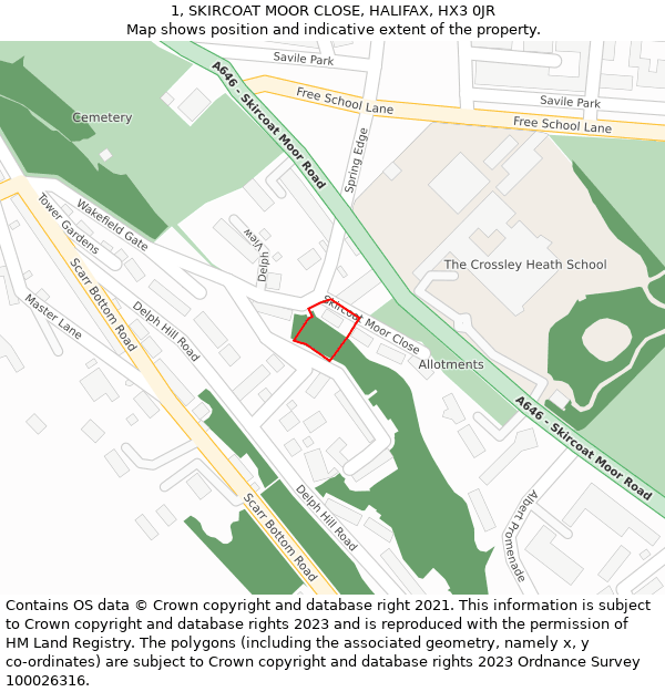 1, SKIRCOAT MOOR CLOSE, HALIFAX, HX3 0JR: Location map and indicative extent of plot