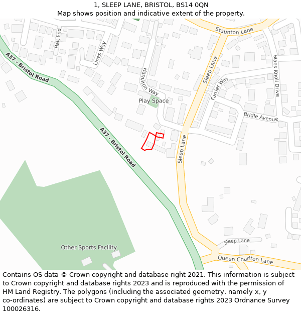 1, SLEEP LANE, BRISTOL, BS14 0QN: Location map and indicative extent of plot