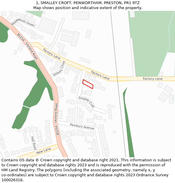 1, SMALLEY CROFT, PENWORTHAM, PRESTON, PR1 9TZ: Location map and indicative extent of plot