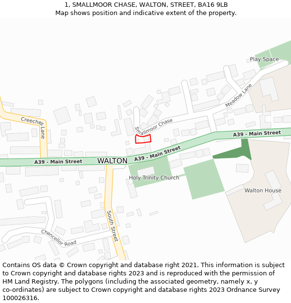 1, SMALLMOOR CHASE, WALTON, STREET, BA16 9LB: Location map and indicative extent of plot