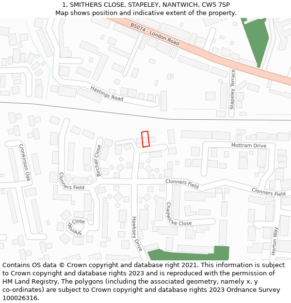 1, SMITHERS CLOSE, STAPELEY, NANTWICH, CW5 7SP: Location map and indicative extent of plot