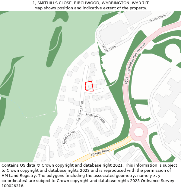 1, SMITHILLS CLOSE, BIRCHWOOD, WARRINGTON, WA3 7LT: Location map and indicative extent of plot
