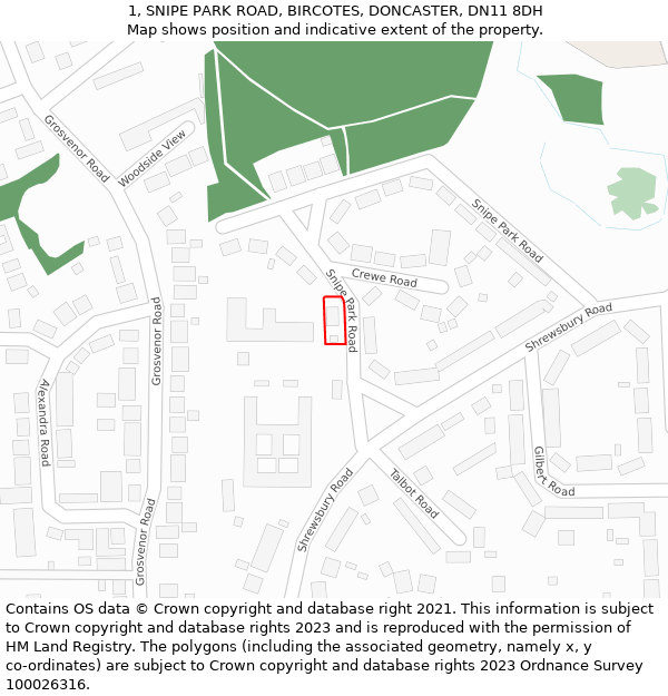 1, SNIPE PARK ROAD, BIRCOTES, DONCASTER, DN11 8DH: Location map and indicative extent of plot
