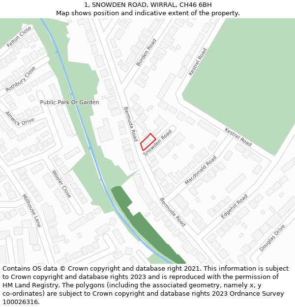 1, SNOWDEN ROAD, WIRRAL, CH46 6BH: Location map and indicative extent of plot