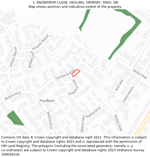 1, SNOWDROP CLOSE, HEALING, GRIMSBY, DN41 7JN: Location map and indicative extent of plot