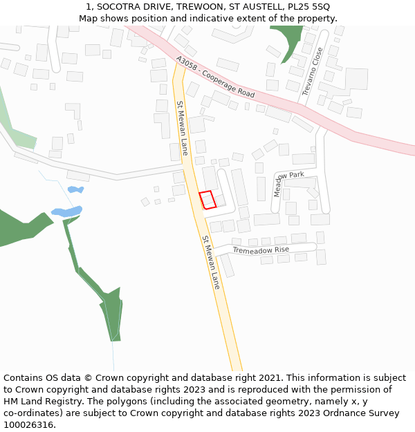 1, SOCOTRA DRIVE, TREWOON, ST AUSTELL, PL25 5SQ: Location map and indicative extent of plot