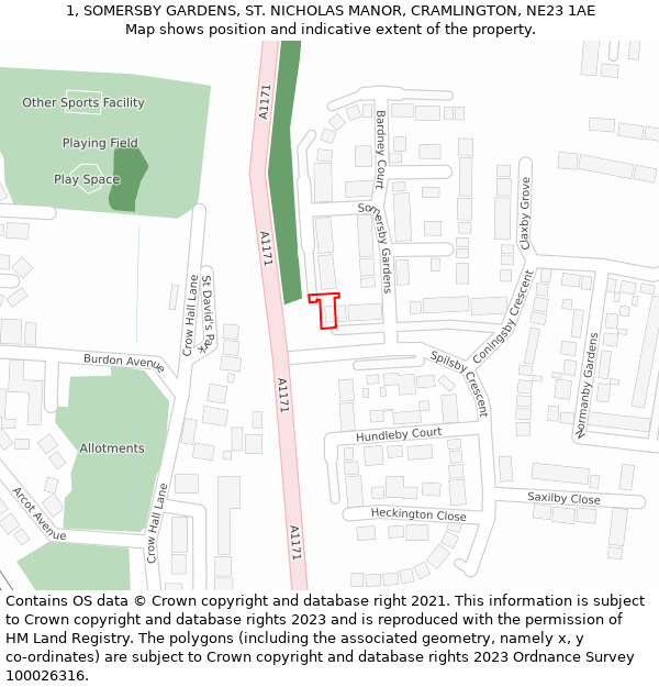 1, SOMERSBY GARDENS, ST. NICHOLAS MANOR, CRAMLINGTON, NE23 1AE: Location map and indicative extent of plot