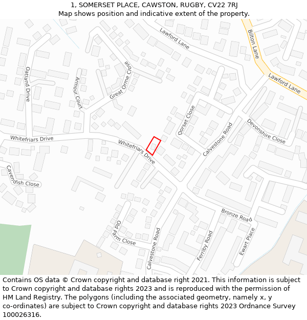 1, SOMERSET PLACE, CAWSTON, RUGBY, CV22 7RJ: Location map and indicative extent of plot