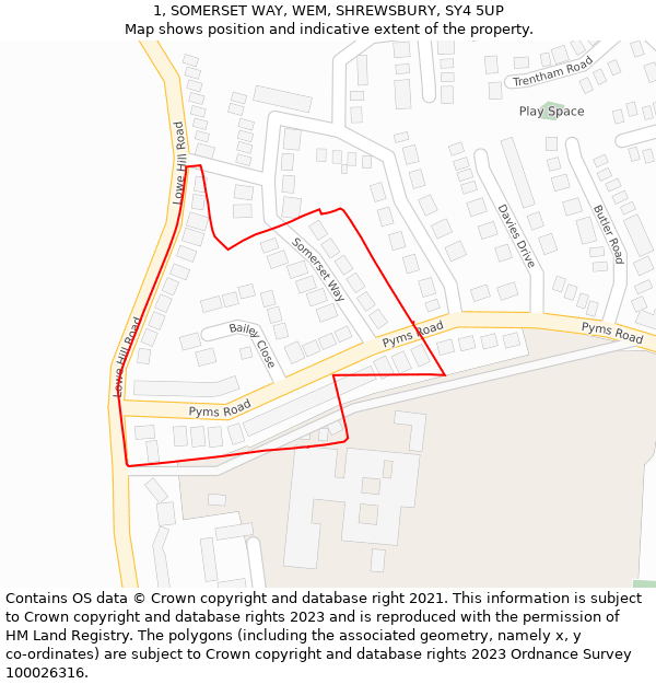 1, SOMERSET WAY, WEM, SHREWSBURY, SY4 5UP: Location map and indicative extent of plot