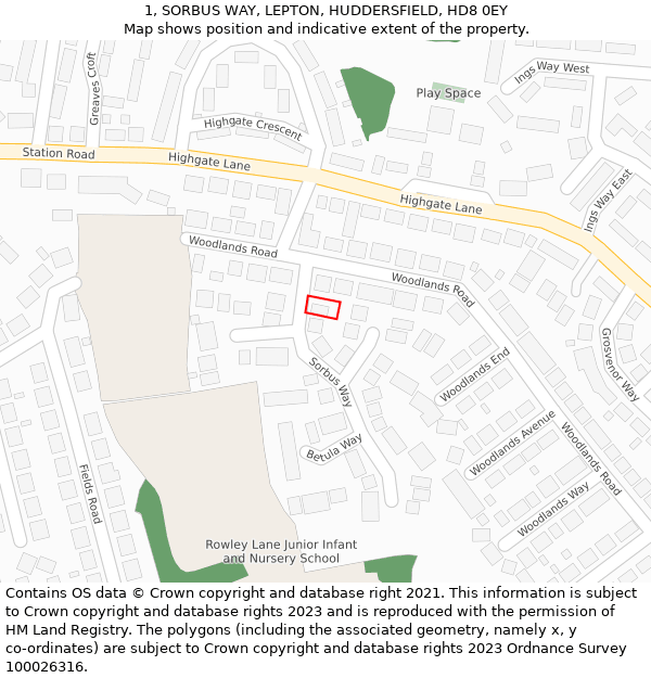 1, SORBUS WAY, LEPTON, HUDDERSFIELD, HD8 0EY: Location map and indicative extent of plot