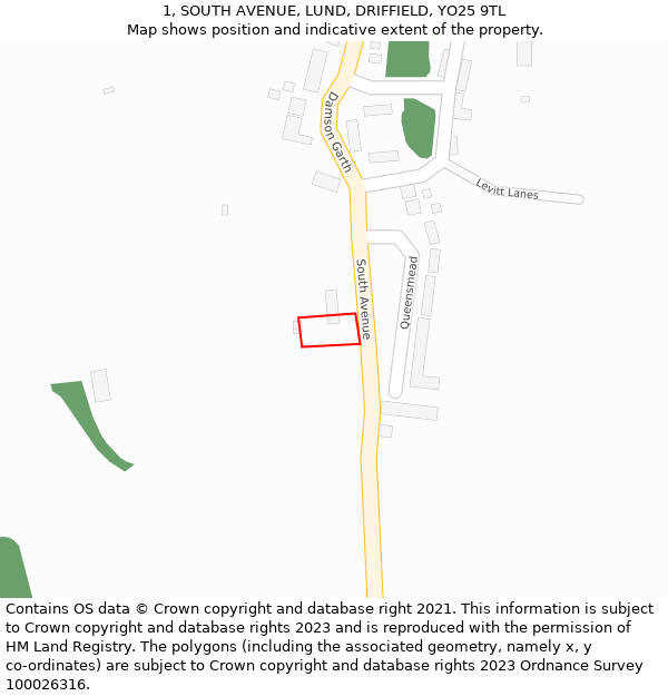 1, SOUTH AVENUE, LUND, DRIFFIELD, YO25 9TL: Location map and indicative extent of plot