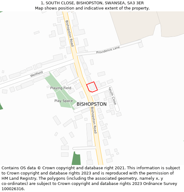 1, SOUTH CLOSE, BISHOPSTON, SWANSEA, SA3 3ER: Location map and indicative extent of plot