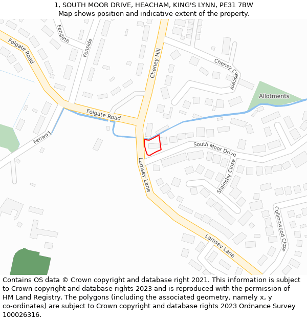 1, SOUTH MOOR DRIVE, HEACHAM, KING'S LYNN, PE31 7BW: Location map and indicative extent of plot