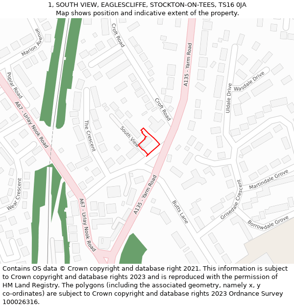 1, SOUTH VIEW, EAGLESCLIFFE, STOCKTON-ON-TEES, TS16 0JA: Location map and indicative extent of plot