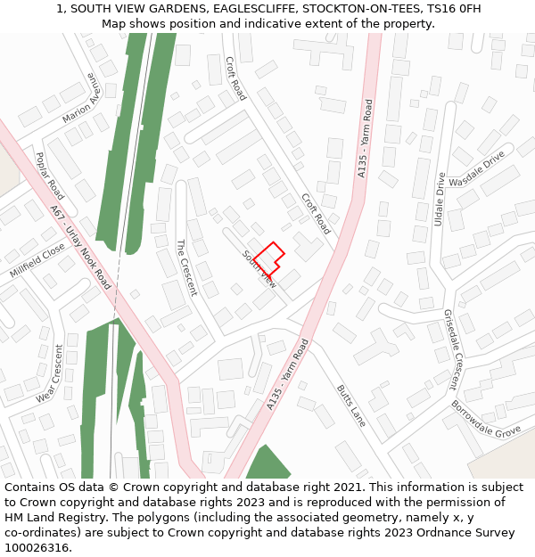 1, SOUTH VIEW GARDENS, EAGLESCLIFFE, STOCKTON-ON-TEES, TS16 0FH: Location map and indicative extent of plot