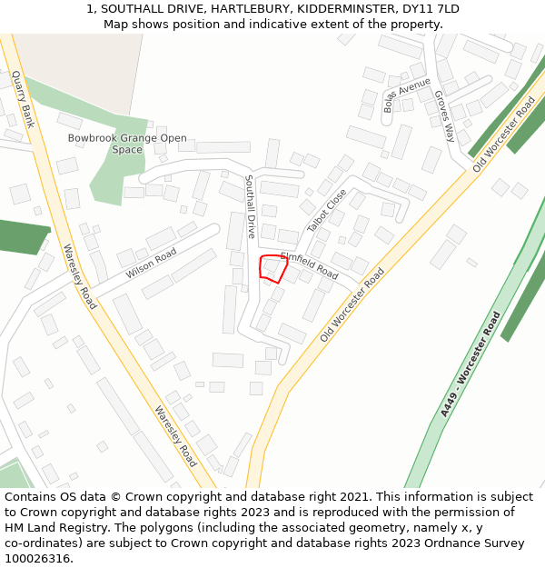 1, SOUTHALL DRIVE, HARTLEBURY, KIDDERMINSTER, DY11 7LD: Location map and indicative extent of plot