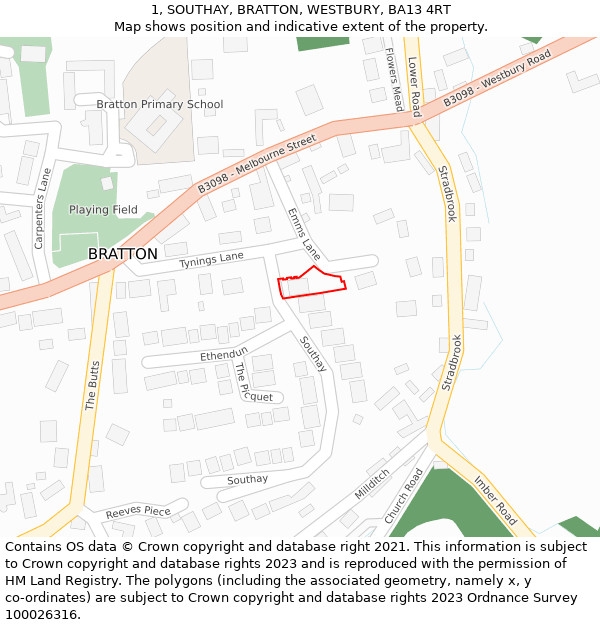1, SOUTHAY, BRATTON, WESTBURY, BA13 4RT: Location map and indicative extent of plot