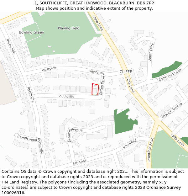 1, SOUTHCLIFFE, GREAT HARWOOD, BLACKBURN, BB6 7PP: Location map and indicative extent of plot